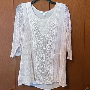 Krazy Kat light tan crocheted look lace blouse Sz L